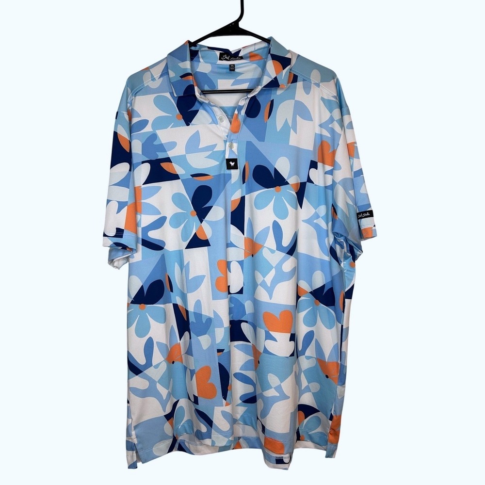 Bad Birdie Mens Golf Polo‎ Shirt Abstract Floral Print Blue Short Sleeve 2XL
